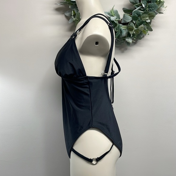 NWT Adore Me One Piece Swimsuit Black Strappy Silver Metal Ring Style #ADM54 L - Picture 4 of 14
